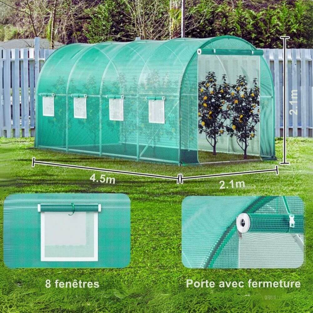 Zoom sur les fonctionnalités de la serre de jardin tunnel avec fenêtres