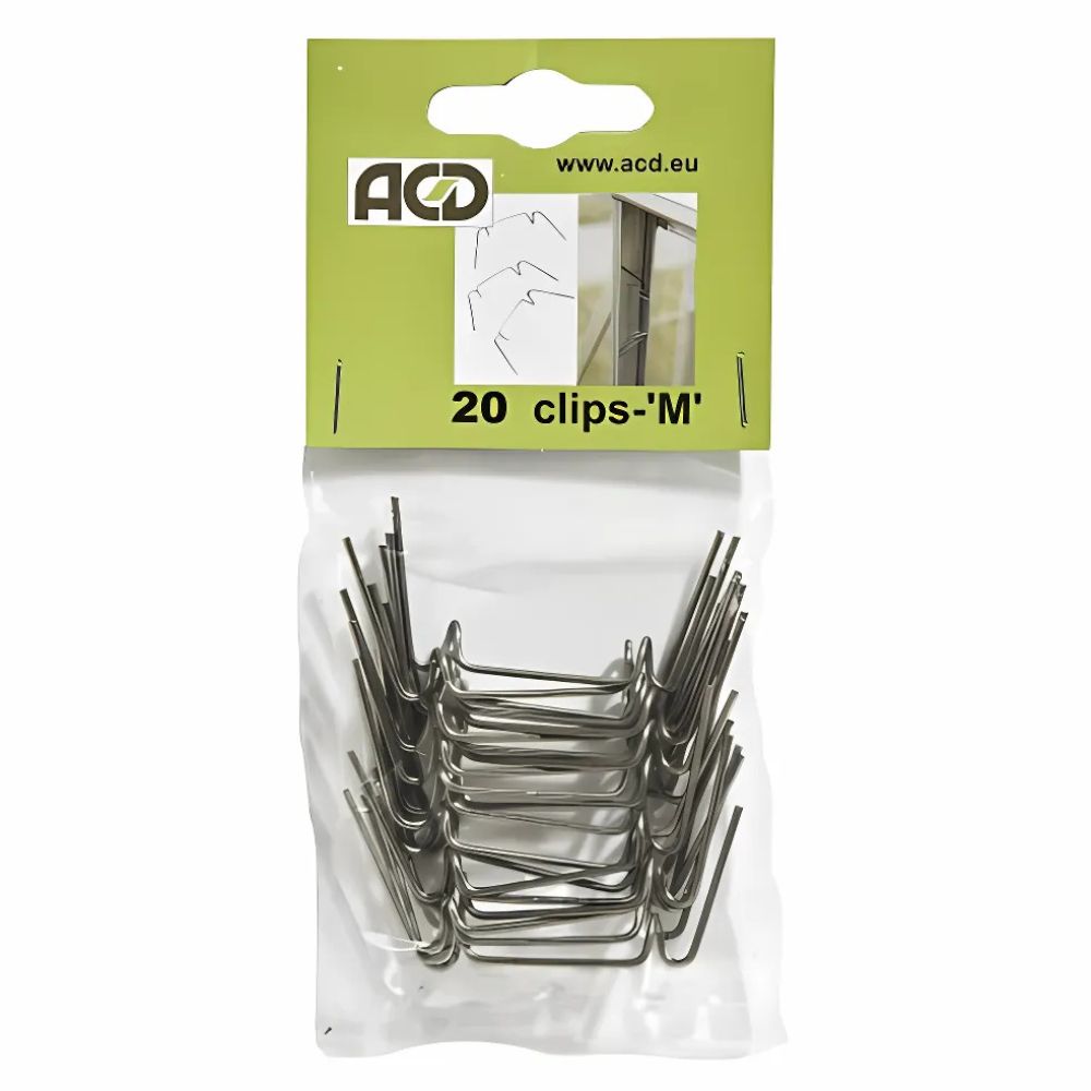 Clips de verre en M de la marque ACD en acier inoxydable en sachet de 20 pièces