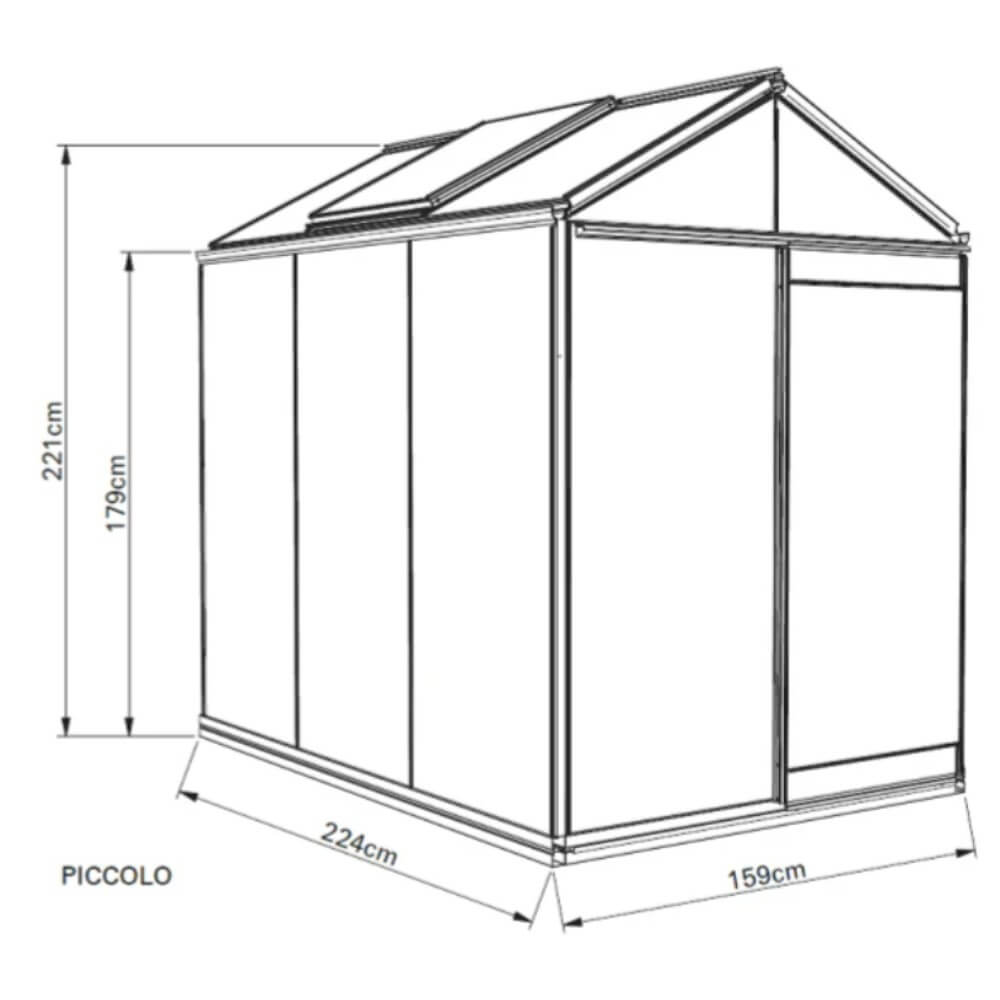 Dessin technique de la serre de jardin en verre prestige Piccolo P03 3,56m2 marque ACD fabriquée en Belgique