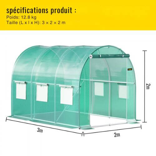 Dimensions de la serre de jardin tunnel 6m² 