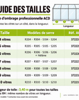 Guide des tailles de toile d’ombrage ACD : 4 à 10 vitres en longueur, modèles R2, R3, S1, S2 et Hélène, largeur 3,40 m.