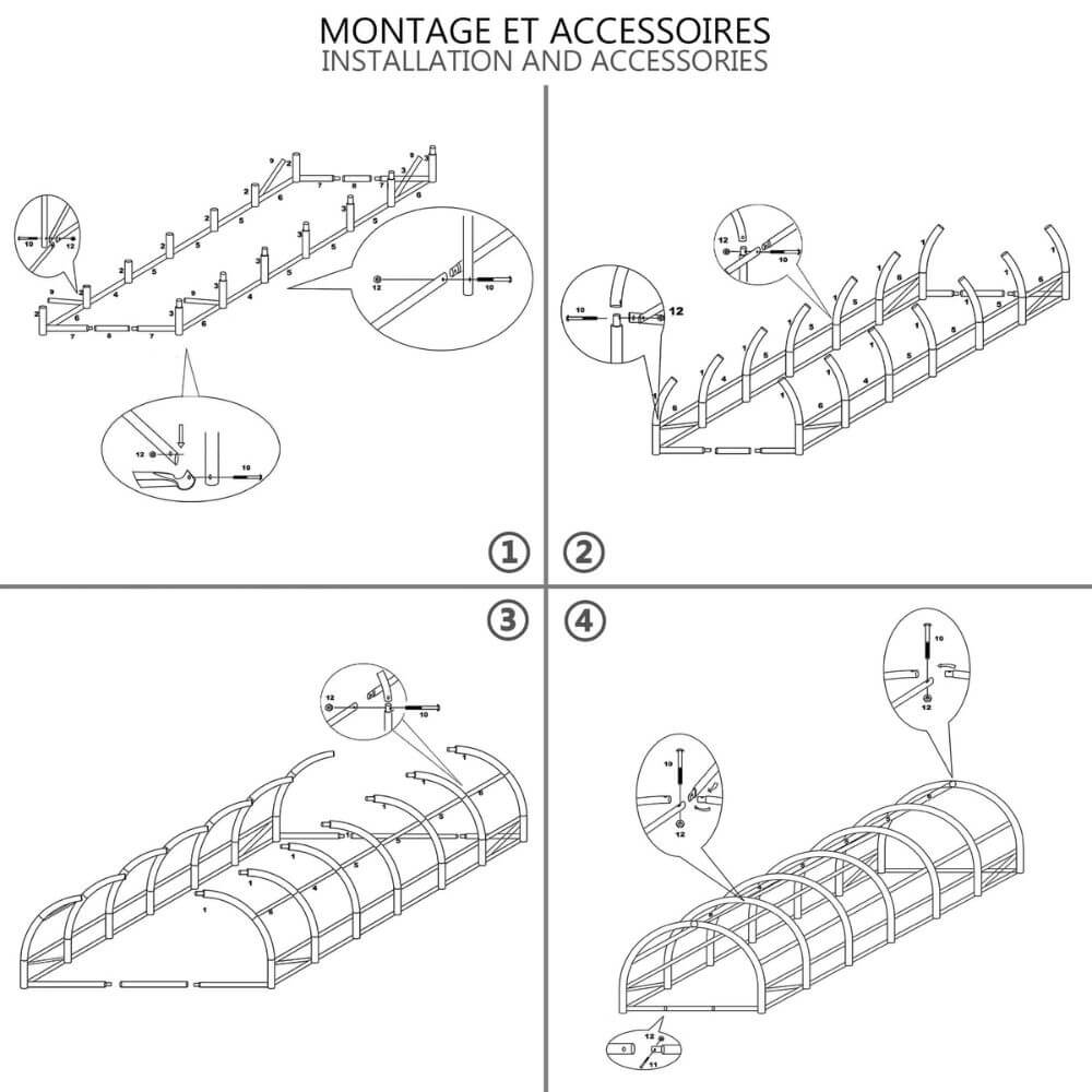 Montage et accessoires de la Serre de jardin tunnel 18m2
