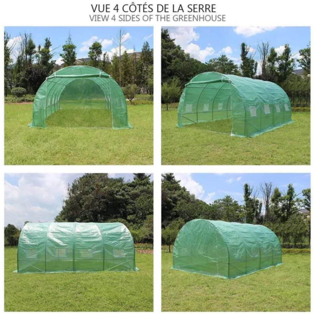 Vue des 4 côtés de la serre de jardin tunnel de 12m2